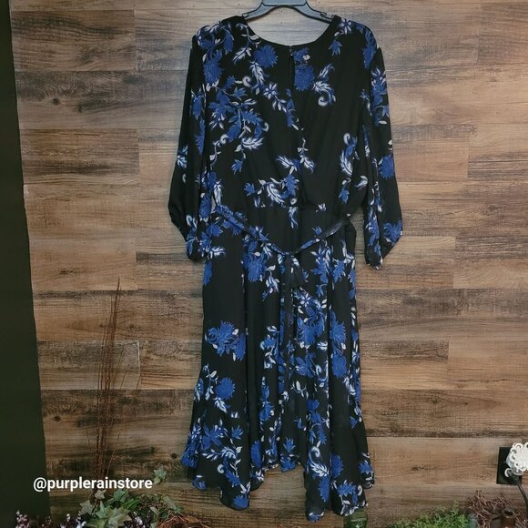 Lane Bryant Chiffon Floral Midi Dress Sz 28 Ruffle Hem Tie Sash Sheer Sleeves - Picture 1 of 13